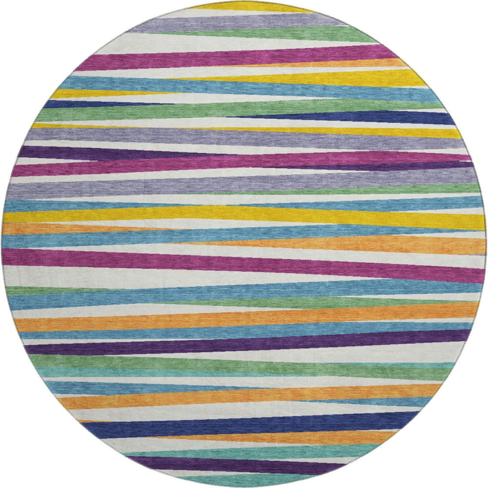 HomeRoots 8' Striped Round Rug in White, Purple & Yellow – Washable, UV Protected, Kid & Pet Friendly Design 678529