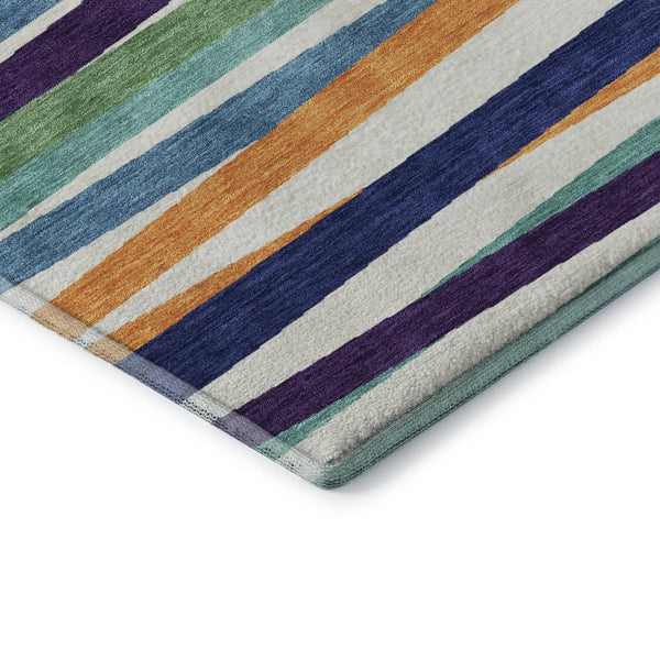 HomeRoots 8' Striped Round Rug in White, Purple & Yellow – Washable, UV Protected, Kid & Pet Friendly Design 678529