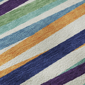 HomeRoots 8' Striped Round Rug in White, Purple & Yellow – Washable, UV Protected, Kid & Pet Friendly Design 678529
