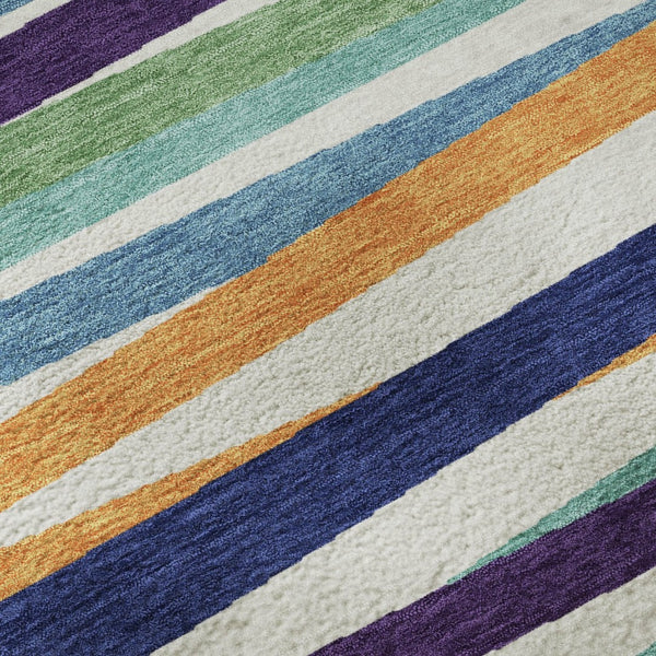 HomeRoots 8' Striped Round Rug in White, Purple & Yellow – Washable, UV Protected, Kid & Pet Friendly Design 678529