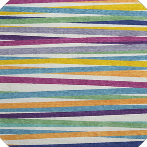 HomeRoots 8' Striped Round Rug in White, Purple & Yellow – Washable, UV Protected, Kid & Pet Friendly Design 678529