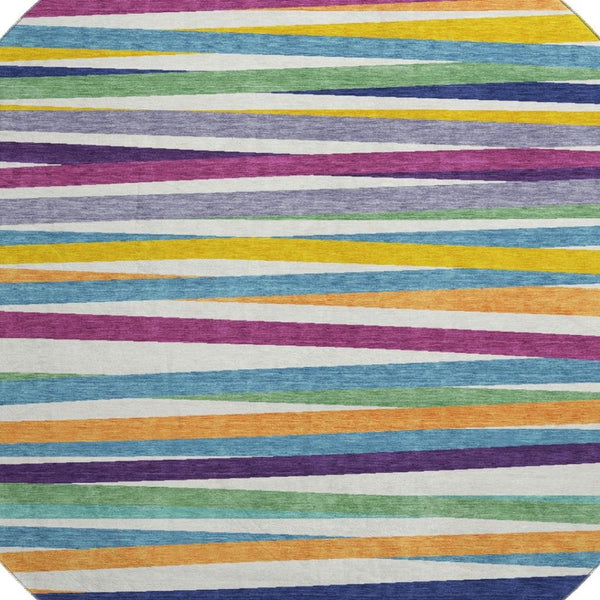 HomeRoots 8' Striped Round Rug in White, Purple & Yellow – Washable, UV Protected, Kid & Pet Friendly Design 678529