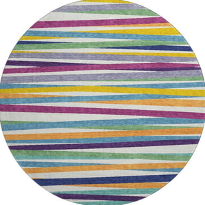 HomeRoots 8' Striped Round Rug in White, Purple & Yellow – Washable, UV Protected, Kid & Pet Friendly Design 678529