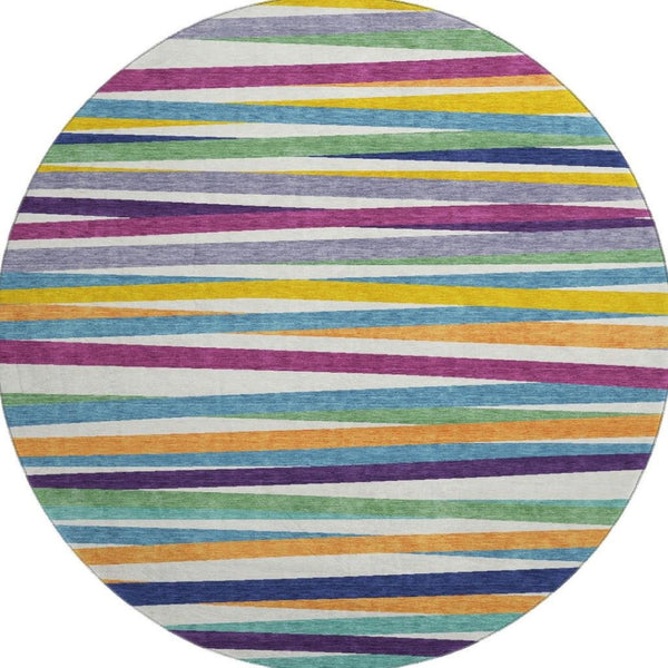 HomeRoots 8' Striped Round Rug in White, Purple & Yellow – Washable, UV Protected, Kid & Pet Friendly Design 678529