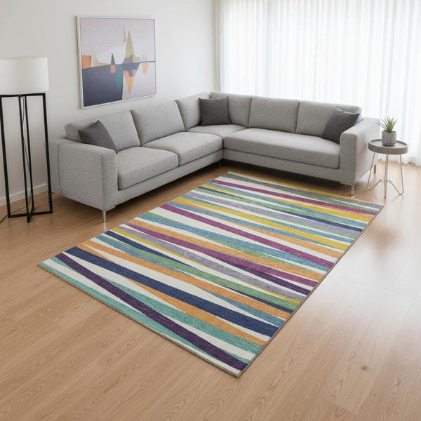 HomeRoots 9' X 12' Washable Striped Area Rug in White, Purple & Yellow - Durable, UV-Protected & Stylish! 678531