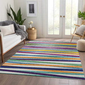 HomeRoots 9' X 12' Washable Striped Area Rug in White, Purple & Yellow - Durable, UV-Protected & Stylish! 678531