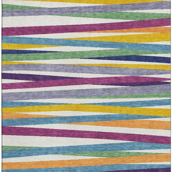 HomeRoots 9' X 12' Washable Striped Area Rug in White, Purple & Yellow - Durable, UV-Protected & Stylish! 678531