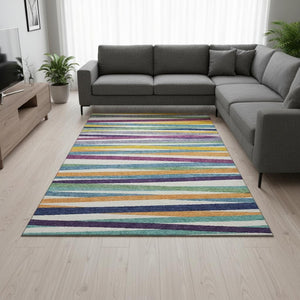HomeRoots 10' Washable Area Rug with Bold White, Purple & Yellow Stripes - UV Protection & Stain Resistance! 678532