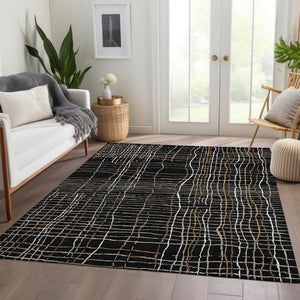 HomeRoots 5' Stylish Washable Striped Area Rug in Black, Ivory & Beige with UV Protection for High-Traffic Spaces 678534