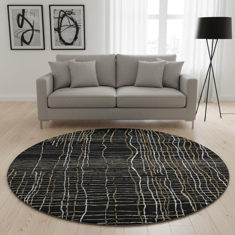 HomeRoots 8' Stylish Black, Ivory & Beige Striped Washable Round Rug with UV Protection for High-Traffic Areas 678535