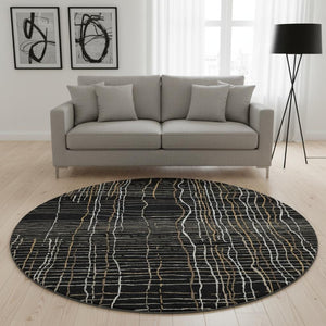 HomeRoots 8' Stylish Black, Ivory & Beige Striped Washable Round Rug with UV Protection for High-Traffic Areas 678535