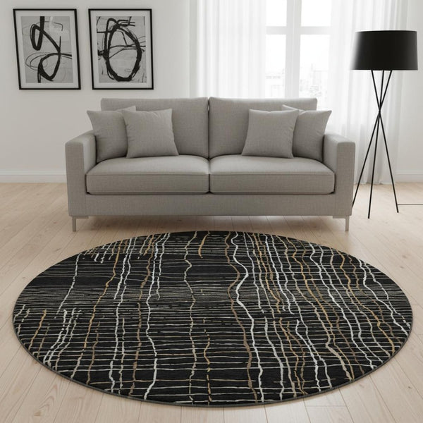 HomeRoots 8' Stylish Black, Ivory & Beige Striped Washable Round Rug with UV Protection for High-Traffic Areas 678535