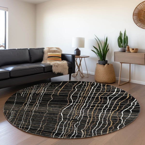 HomeRoots 8' Stylish Black, Ivory & Beige Striped Washable Round Rug with UV Protection for High-Traffic Areas 678535