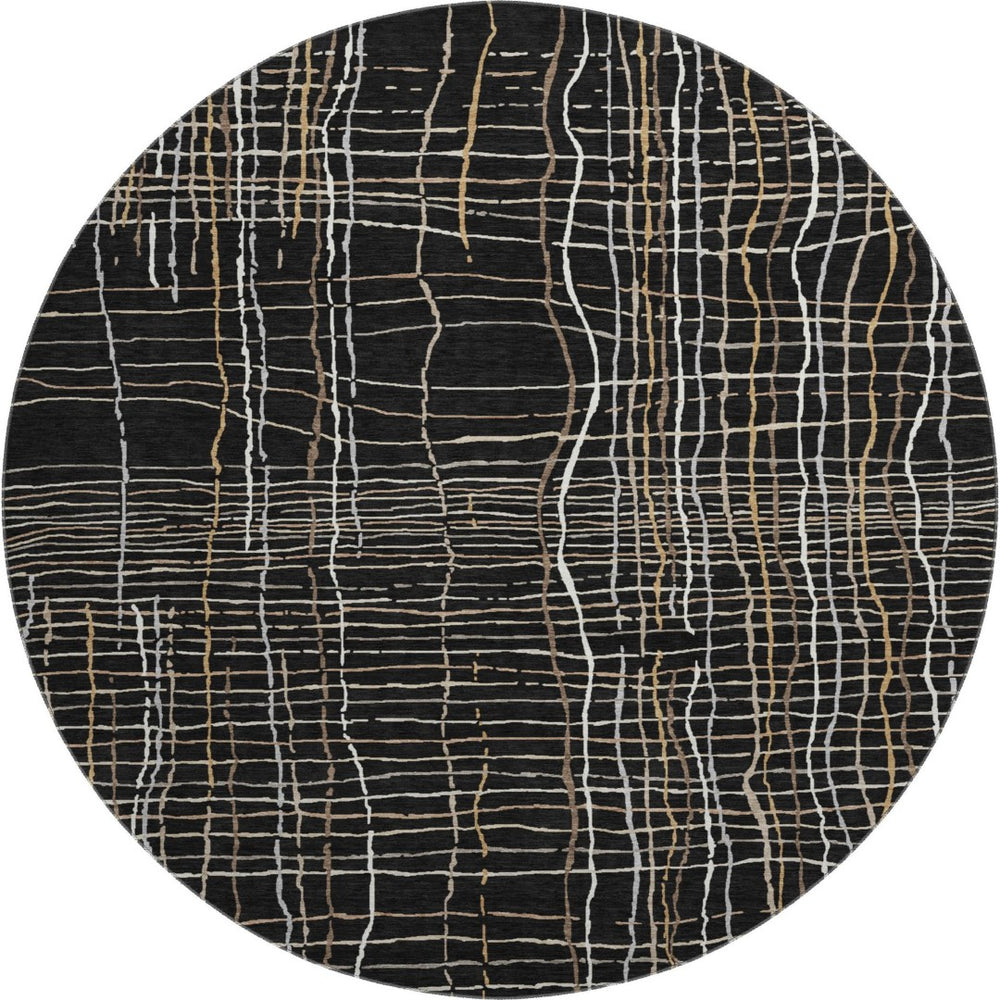 HomeRoots 8' Stylish Black, Ivory & Beige Striped Washable Round Rug with UV Protection for High-Traffic Areas 678535