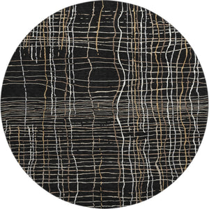 HomeRoots 8' Stylish Black, Ivory & Beige Striped Washable Round Rug with UV Protection for High-Traffic Areas 678535