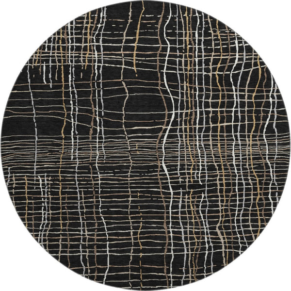 HomeRoots 8' Stylish Black, Ivory & Beige Striped Washable Round Rug with UV Protection for High-Traffic Areas 678535