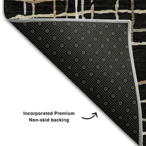 HomeRoots 8' Stylish Black, Ivory & Beige Striped Washable Round Rug with UV Protection for High-Traffic Areas 678535
