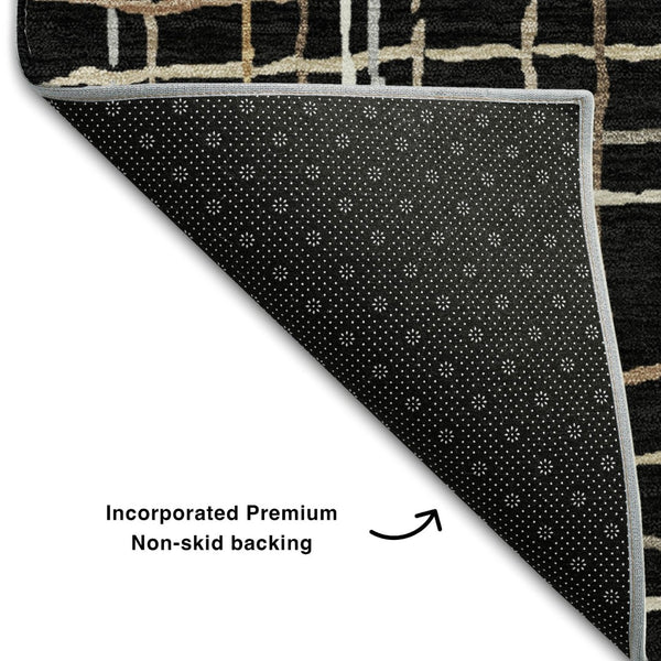 HomeRoots 8' Stylish Black, Ivory & Beige Striped Washable Round Rug with UV Protection for High-Traffic Areas 678535