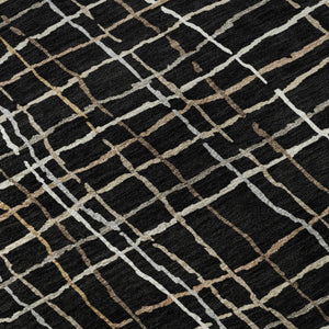 HomeRoots 8' Stylish Black, Ivory & Beige Striped Washable Round Rug with UV Protection for High-Traffic Areas 678535
