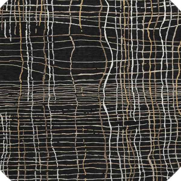 HomeRoots 8' Stylish Black, Ivory & Beige Striped Washable Round Rug with UV Protection for High-Traffic Areas 678535