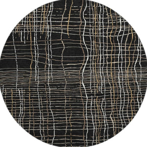 HomeRoots 8' Stylish Black, Ivory & Beige Striped Washable Round Rug with UV Protection for High-Traffic Areas 678535