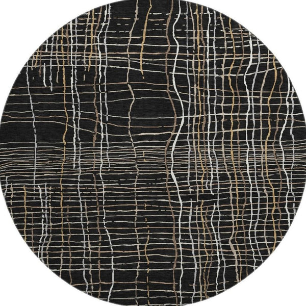 HomeRoots 8' Stylish Black, Ivory & Beige Striped Washable Round Rug with UV Protection for High-Traffic Areas 678535