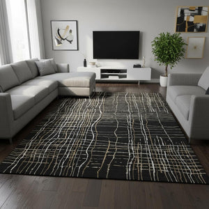 HomeRoots 8' X 10' Stylish Washable Area Rug in Black, Ivory & Beige Stripes with UV Protection for Homes 678536