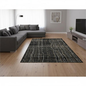 HomeRoots 9' X 12' Washable Black Ivory Beige Striped Area Rug with UV Protection for Stylish Durability & Care 678537