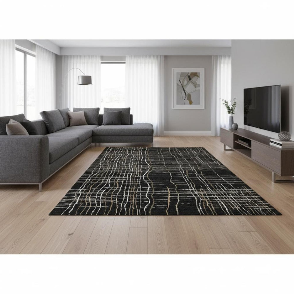 HomeRoots 10' X 14' Washable Black Ivory Beige Striped Area Rug with UV Protection for Family Living Spaces 678538