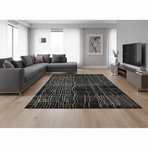 HomeRoots 10' X 14' Washable Black Ivory Beige Striped Area Rug with UV Protection for Family Living Spaces 678538