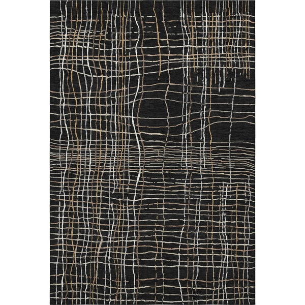 HomeRoots 10' X 14' Washable Black Ivory Beige Striped Area Rug with UV Protection for Family Living Spaces 678538