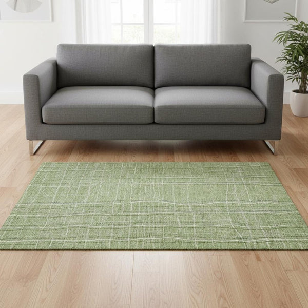 HomeRoots 5' X 8' Washable Green and Ivory Striped Area Rug with UV Protection for Durable Everyday Use 678540