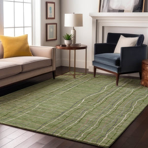 HomeRoots 5' X 8' Washable Green and Ivory Striped Area Rug with UV Protection for Durable Everyday Use 678540