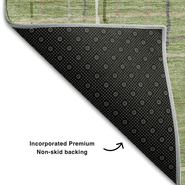 HomeRoots 5' X 8' Washable Green and Ivory Striped Area Rug with UV Protection for Durable Everyday Use 678540