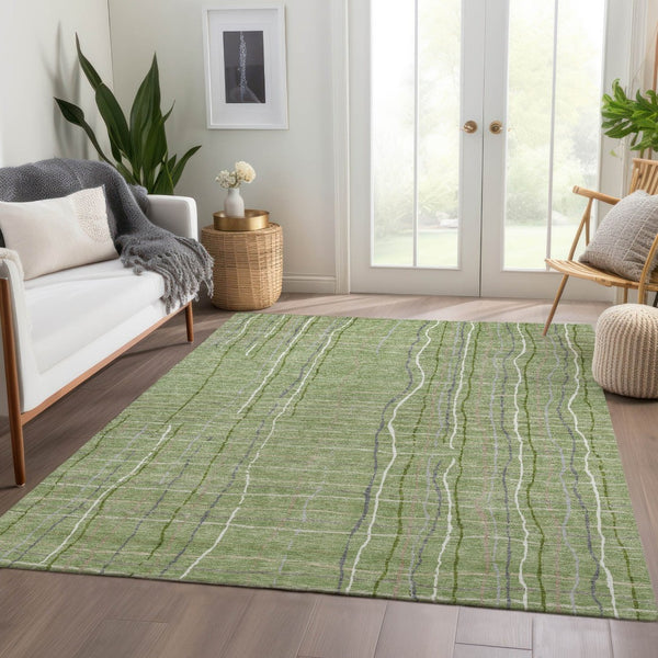 HomeRoots 5' X 8' Washable Green and Ivory Striped Area Rug with UV Protection for Durable Everyday Use 678540