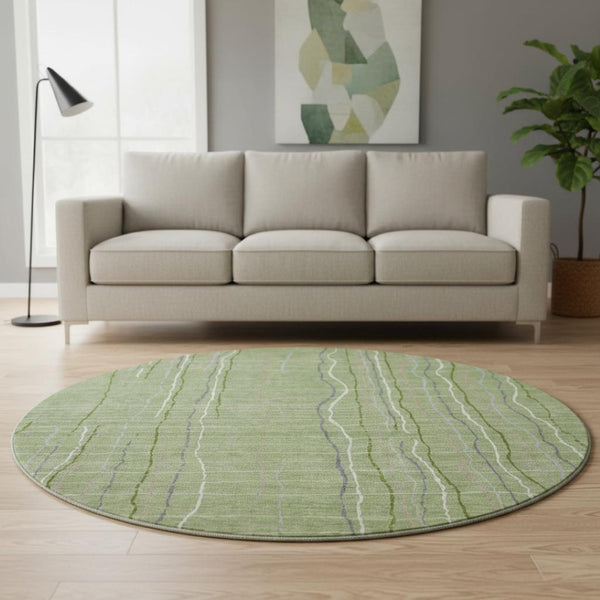 HomeRoots 8' Washable Round Rug in Green, Ivory & Gray Stripes - UV Protected, Stain-Resistant, Durable Design 678541