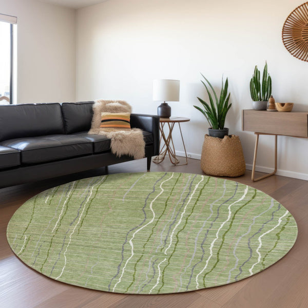 HomeRoots 8' Washable Round Rug in Green, Ivory & Gray Stripes - UV Protected, Stain-Resistant, Durable Design 678541