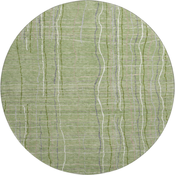 HomeRoots 8' Washable Round Rug in Green, Ivory & Gray Stripes - UV Protected, Stain-Resistant, Durable Design 678541