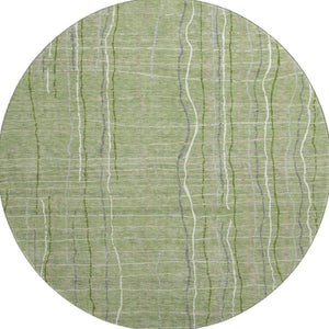 HomeRoots 8' Washable Round Rug in Green, Ivory & Gray Stripes - UV Protected, Stain-Resistant, Durable Design 678541