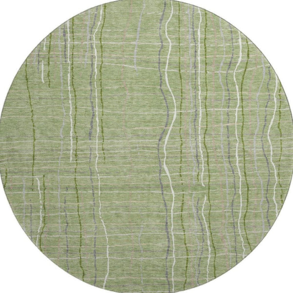 HomeRoots 8' Washable Round Rug in Green, Ivory & Gray Stripes - UV Protected, Stain-Resistant, Durable Design 678541
