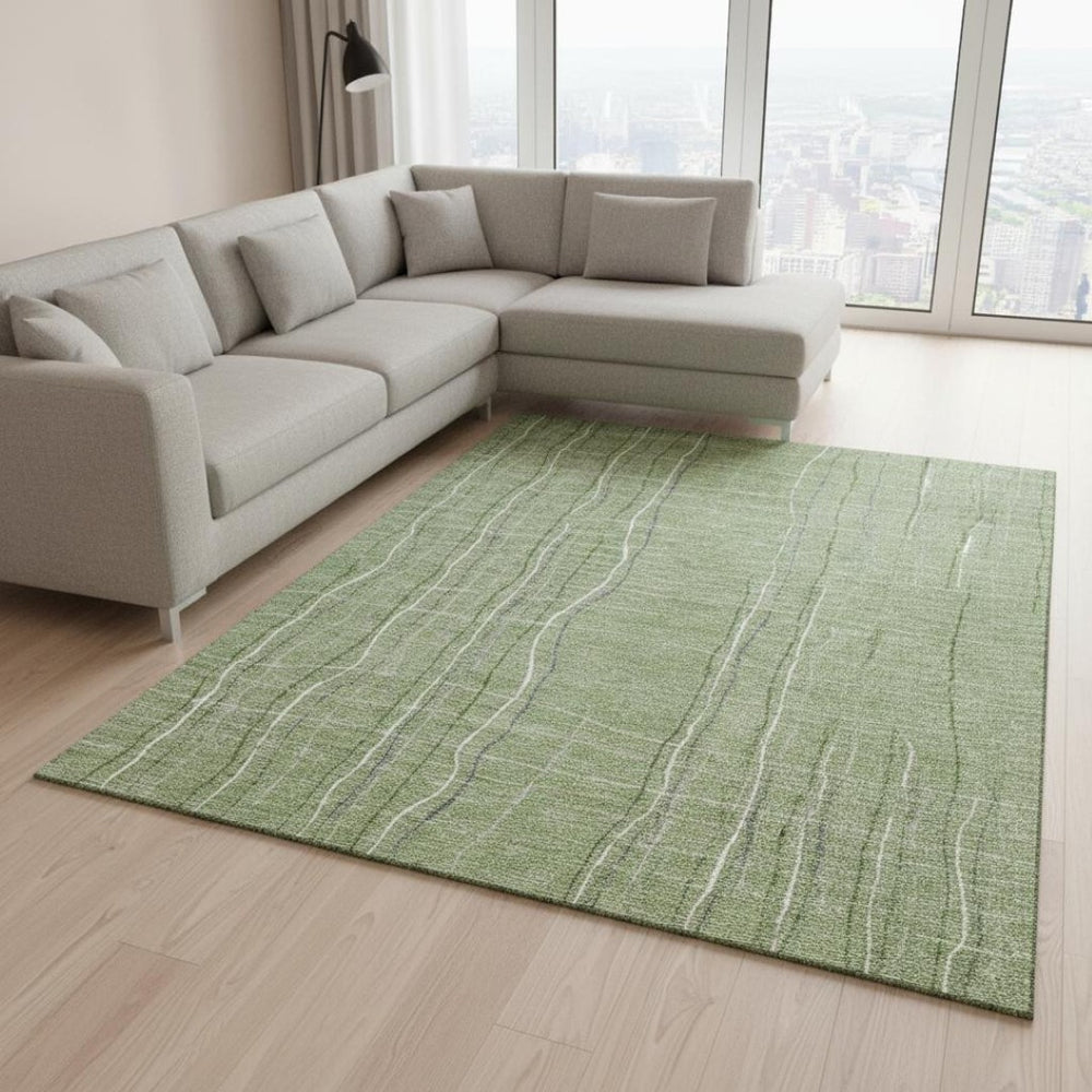 HomeRoots 10' Washable Area Rug in Green, Ivory & Gray Stripes – UV Protected, Durable & Stain Resistant Design 678544