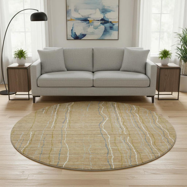 HomeRoots 8' Gold Ivory and Gray Striped Washable Round Rug - Durable, UV-Protected, Stylish for Any Space 678547