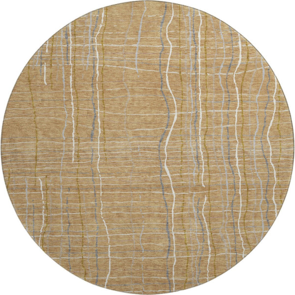 HomeRoots 8' Gold Ivory and Gray Striped Washable Round Rug - Durable, UV-Protected, Stylish for Any Space 678547