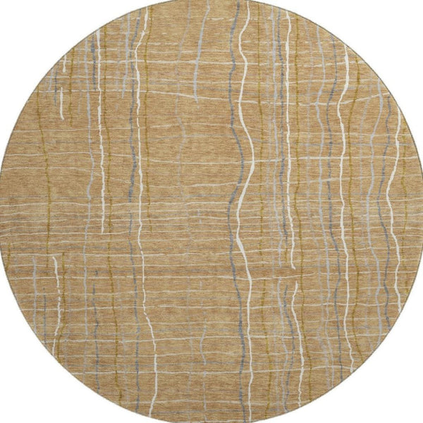 HomeRoots 8' Gold Ivory and Gray Striped Washable Round Rug - Durable, UV-Protected, Stylish for Any Space 678547
