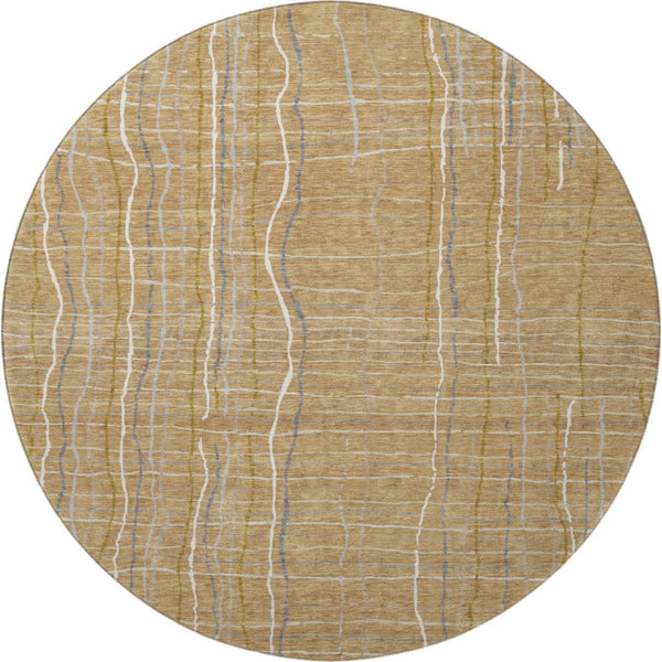 HomeRoots 8' Gold Ivory and Gray Striped Washable Round Rug - Durable, UV-Protected, Stylish for Any Space 678547