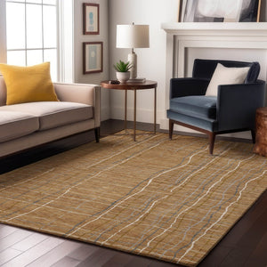 HomeRoots 10' X 14' Striped Washable Area Rug in Gold, Ivory & Gray - UV Protected, Durable & Stylish Design 678550