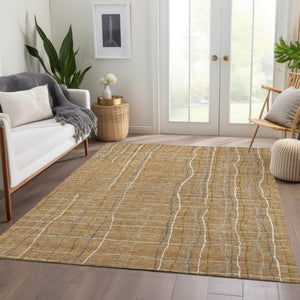 HomeRoots 10' X 14' Striped Washable Area Rug in Gold, Ivory & Gray - UV Protected, Durable & Stylish Design 678550