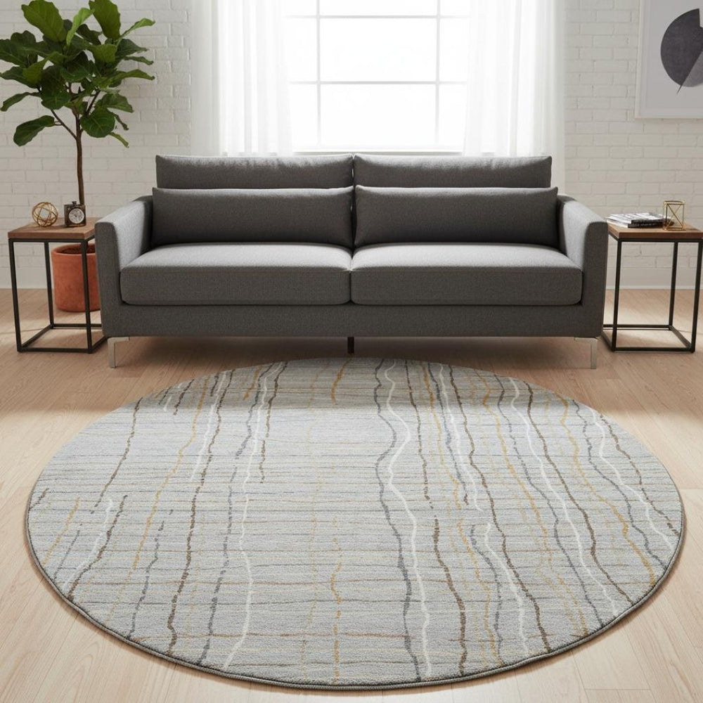 HomeRoots 8' Stylish Gray Gold Ivory Striped Washable Round Area Rug with UV Protection for Everyday Living 678553