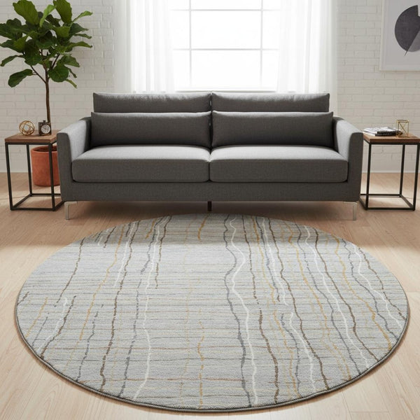 HomeRoots 8' Stylish Gray Gold Ivory Striped Washable Round Area Rug with UV Protection for Everyday Living 678553