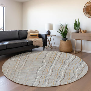 HomeRoots 8' Stylish Gray Gold Ivory Striped Washable Round Area Rug with UV Protection for Everyday Living 678553